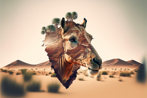 Obras de arte abstractas de camellos en doble exposición del desierto del sahara