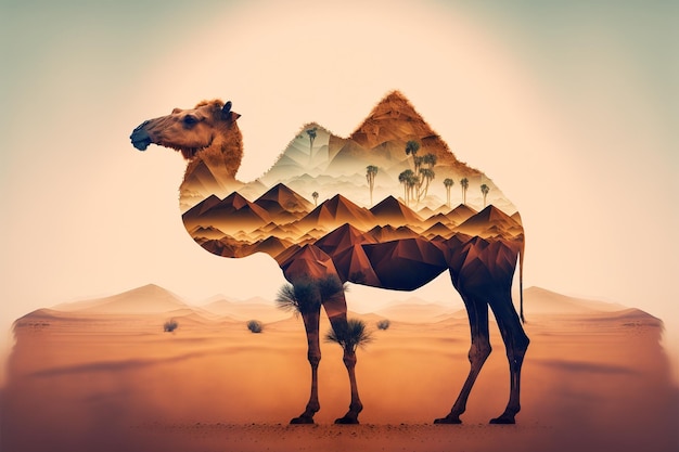 Obras de arte abstractas de camellos en doble exposición del desierto del sahara