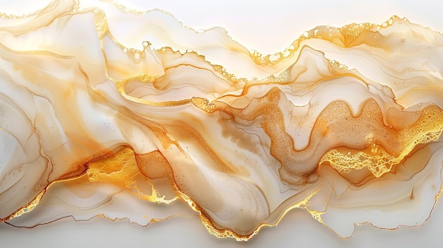 Obras de arte abstractas suavemente detalladas desarrolladas con tinta de alcohol beige y un borde dorado sobre un fondo blanco y espacio IA generativa