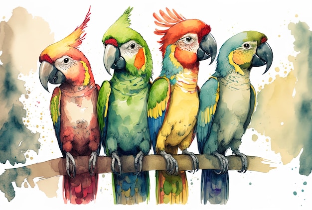 Obras de arte en acuarela de un grupo de adorables loros de dibujos animados