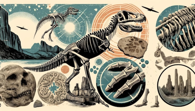 Foto obras de arte de collage con temas de paleontología vintage