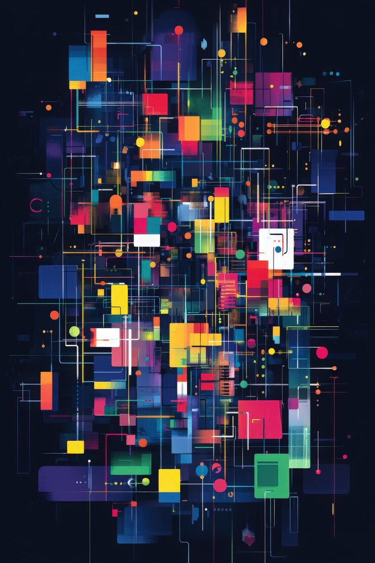Foto obras de arte digital abstractas coloridas con formas geométricas brillantes sobre un fondo azul oscuro