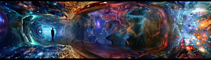 Foto obras de arte digital vívidas e abstratas com elementos cósmicos coloridos e surrealistas que misturam fantasia e temas futuristas em uma exibição visual hipnotizante