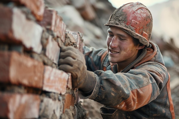 Un obrero de la construcción felizmente colocando ladrillos y alineándolos cuidadosamente para construir una pared resistente orgulloso de su artesanía