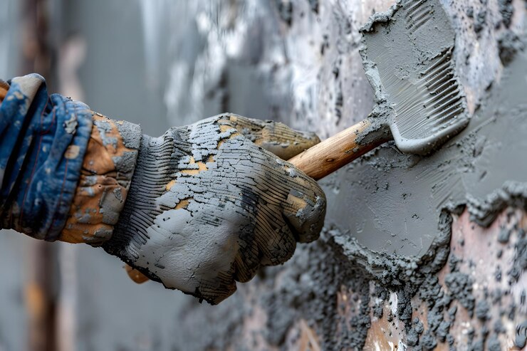 Un obrero hábil aplica mortero fresco a una pared con una paleta