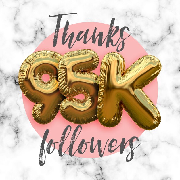 Obrigado noventa e cinco mil seguidores banner de assinante de mídia social de balão de folha de ouro