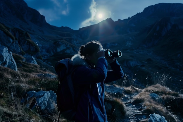 Foto un observador de aves con binoculares en un sendero de montaña con la luz de la luna brillando