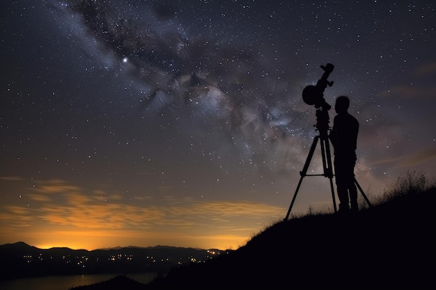 Un observador de estrellas se posa en una colina y su telescopio apunta hacia los cuerpos celestes del cielo nocturno. IA generativa