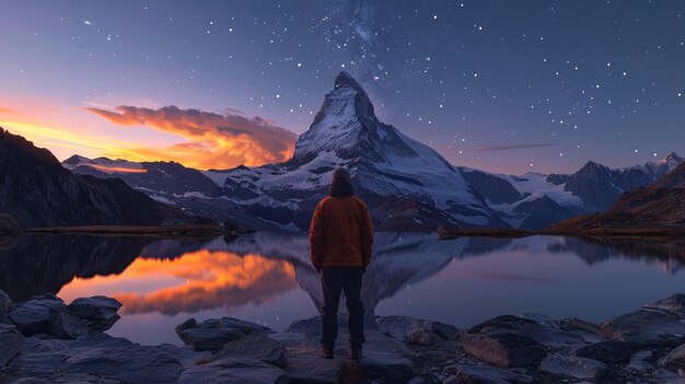 Observador solitário ao pôr-do-sol Majestic Matterhorn Reflexão sob o céu estrelado