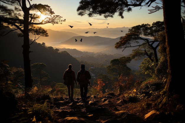 Observadores de aves explorando la biodiversidad en laderas volcánicas generativa IA