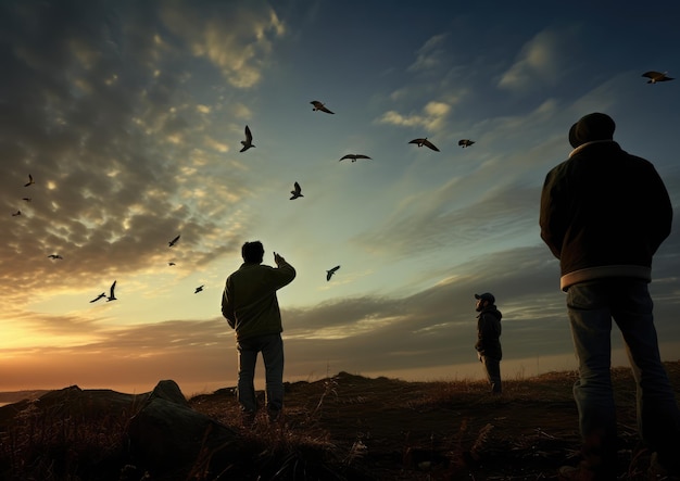 Observadores de aves observando un ave rara en vuelo