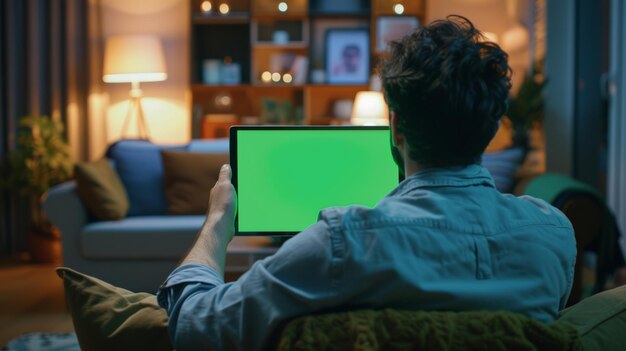 Foto observando a tela de maquete verde em um computador tablet digital enquanto está sentado na mesa assistindo a vídeos do youtube ou navegando na internet no fundo na aconchegante sala de estar