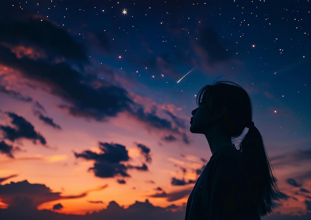 Observando las estrellas bajo el cielo nocturno silueta de mujer misteriosa generada por IA