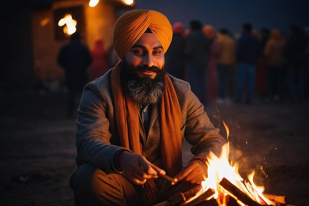 Observando o festival de Lohri à noite com uma fogueira