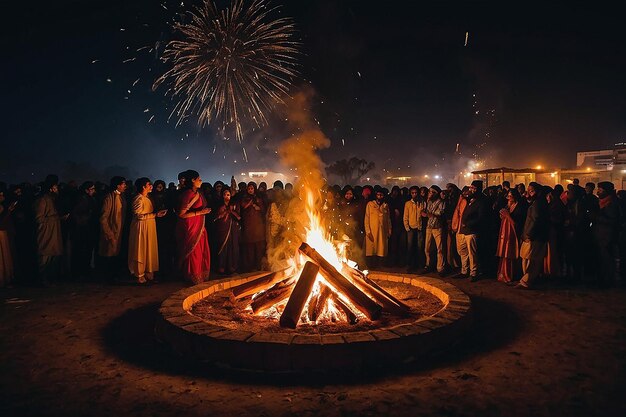 Observando o festival de Lohri à noite com uma fogueira