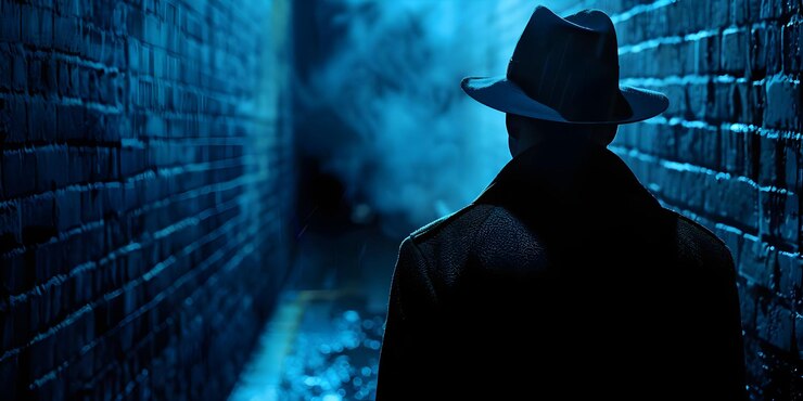 Foto observando por trás de uma figura misteriosa pesquisa um cenário de jogo mal iluminado e ameaçador conceito mistério intriga cenário escuro tema de jogo de vigilância