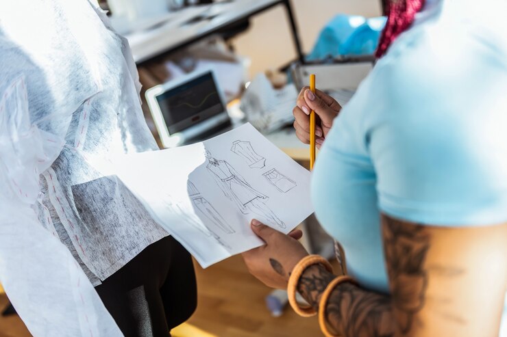 Foto observando su dibujo. chica atractiva con curvas que lleva un trozo de papel con bocetos de atuendo cepillado en él