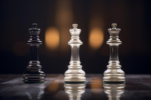 Observando tres piezas de ajedrez desde una perspectiva estratégica