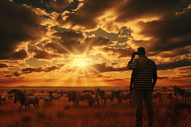 Observando uma zebra na savana ao pôr do sol, um homem usa binóculos IA generativa
