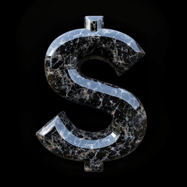 Obsidian-Stein-Dollar-Zeichen isoliert auf schwarzem Hintergrund