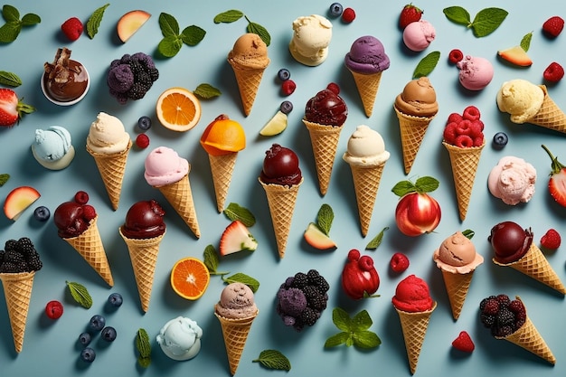 Obst-Eis in Waffelkegeln und Beeren heller Hintergrund generativ ai