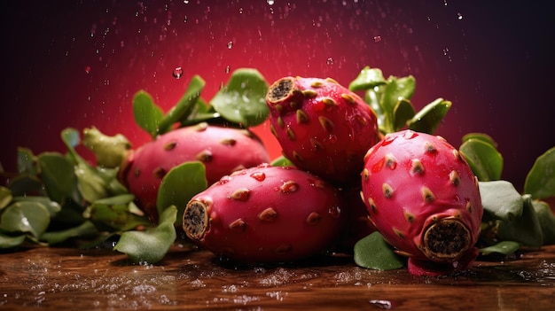 Obst Feigenkaktus Ganze rote Früchte auf grünem Hintergrund aus Blättern und Tropfen Makro Exotische süße Früchte