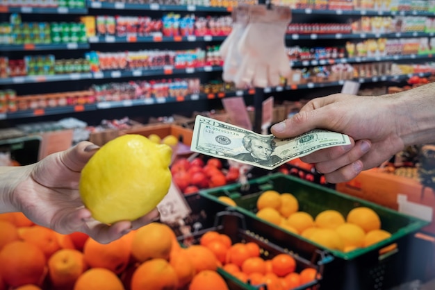 Obst im supermarkt kaufen. der käufer gibt bargeld für den kauf. dollar in der hand