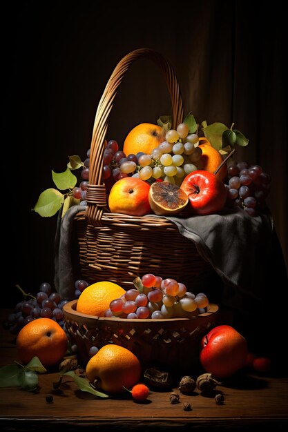 Foto obst in einem erntekorb im hölzernen hintergrund im stil des dunkelgrauen und leichten bernsteins