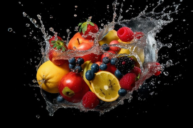 Obst in einer Schüssel mit spritzendem Wasser