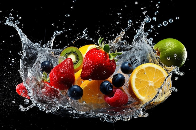 Obst in einer Schüssel mit spritzendem Wasser