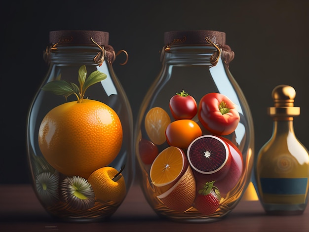 Obst in Glasflasche und Korkflasche 3D-Modellfoto
