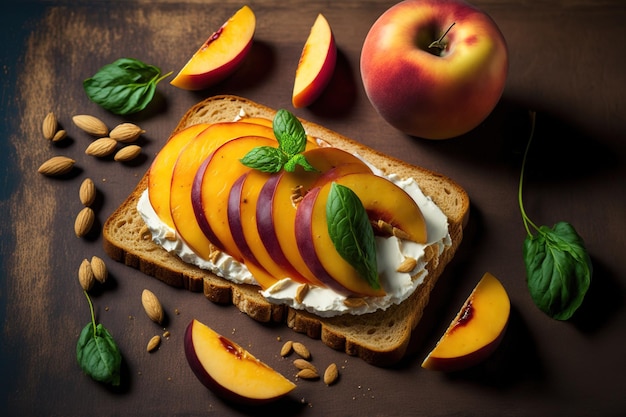 Obst-Sandwich und Vollkornbrot für Vegetarier Toast einen Snack Bruschetta und ein Sandwich mit Frischkäse-Ricotta-Käse und Nektarinen oder Pfirsichen nach oben