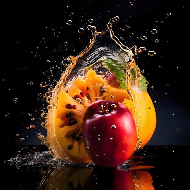 Obst spritzt im Wasser auf schwarzem Hintergrund. Gesundes Ernährungskonzept