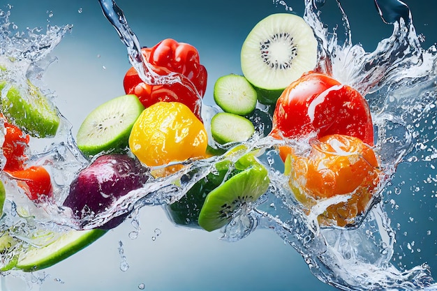 Obst und Gemüse, die in klares Wasser spritzen