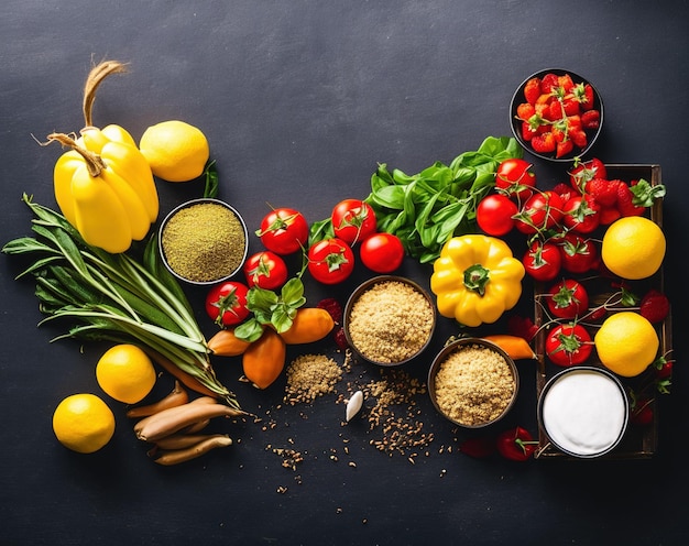 Obst und Gemüse dunkle Hintergrunddekoration mit flacher Oberfläche