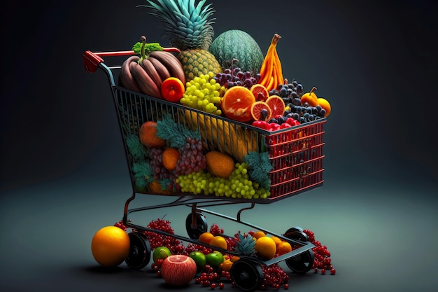 Obst und Gemüse im großen schönen Einkaufswagen