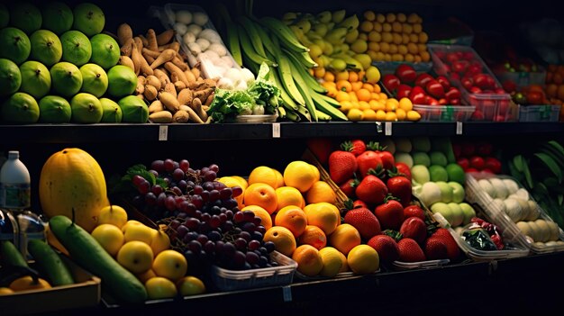 Foto obst und gemüse in den regalen des supermarkts generative ai