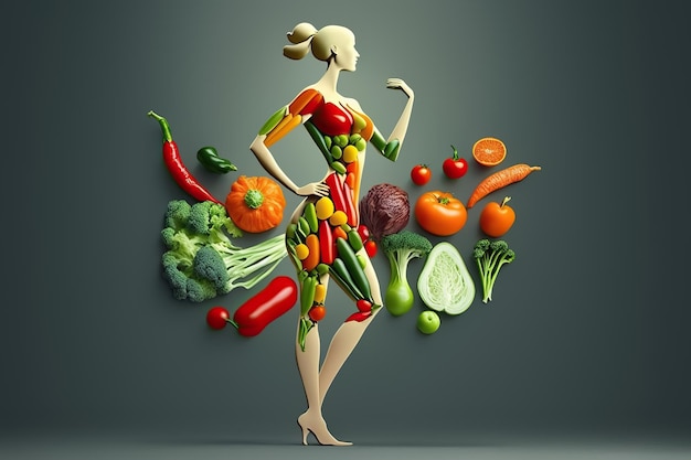 Obst und Gemüse in Form eines weiblichen Körpernahrungskonzepts, das von der KI generiert wurde