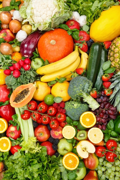 Obst und Gemüse Sammlung Lebensmittel Hintergrund Hochformat Äpfel Orangen Tomaten frisches Obst Gemüse