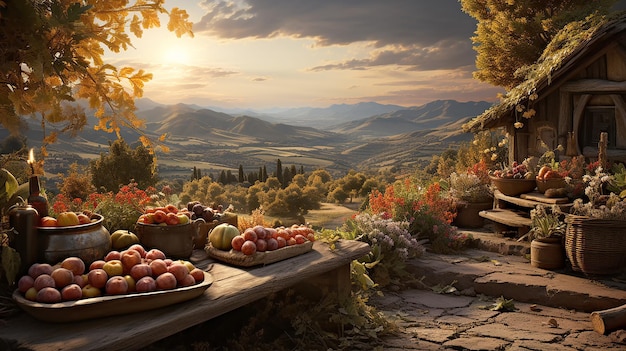 Obst und Gemüse vor dem Hintergrund einer wunderschönen bäuerlichen ländlichen Provinzlandschaft mit Herbstfeldern auf den Hügeln. Stilisierte Illustration der ökologischen Landwirtschaft, generiert durch KI