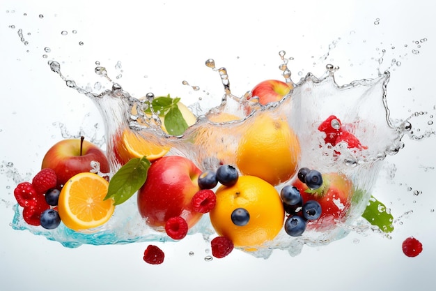 Obst und Gemüse werden in ein Wasserspritzer gegossen.