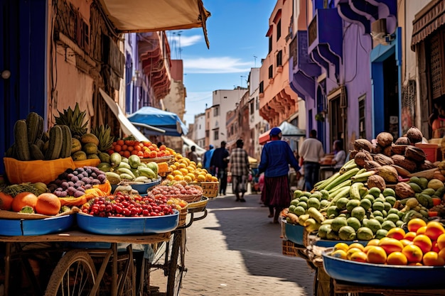 Obst und Gemüse zum Verkauf in der Medina von Chefchaouen, Marokko AI Generated