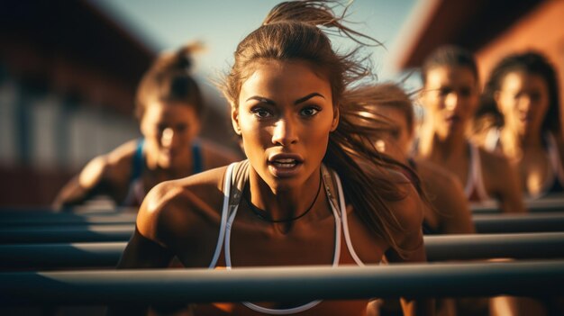 Los obstáculos deportivos y el equipo de mujeres en la pista corriendo en una carrera de maratón o competencia en un estadio