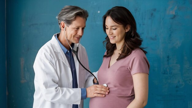 Foto obstetra ginecólogo escuchando los latidos del corazón del feto del niño de una mujer embarazada con estetoscopio