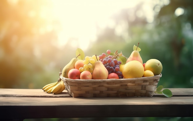 Obstkorb auf Holztisch auf verschwommenem Obstgartenhintergrund unter Sonnenschein