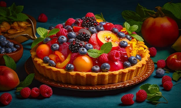 Obstkuchen mit Beeren, Pfirsichen, Himbeeren und Pfirsichen. Generative KI