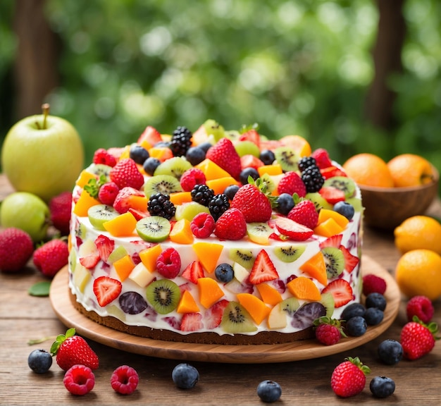 Foto obstkuchen mit frischen beeren und früchten auf einem holztisch im garten