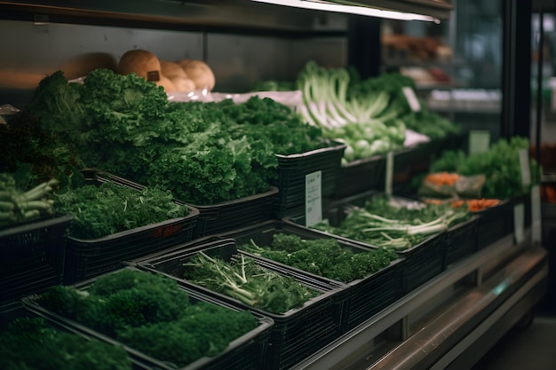 Obstmarkt mit verschiedenem buntem frischem Grün und KI-generiertem Gemüse