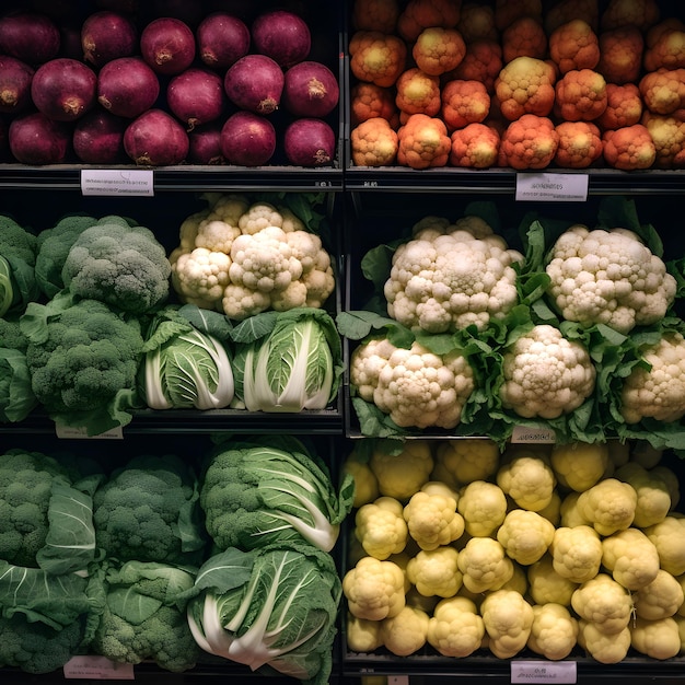 Obstmarkt mit verschiedenen bunten frischen Früchten und Gemüsen, die von der KI generiert werden