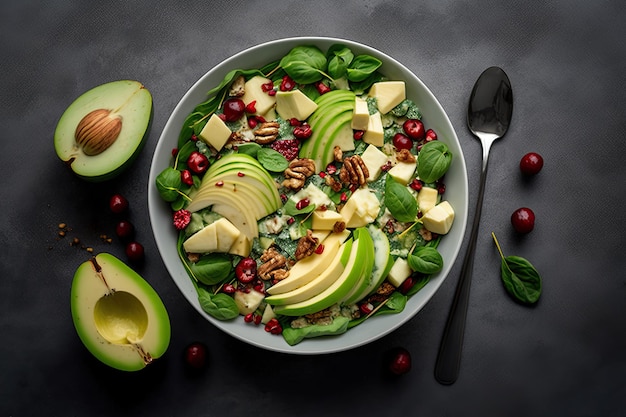 Obstsalat mit roten Äpfeln, Avocado, Spinat und Walnuss Illustration AI Generative